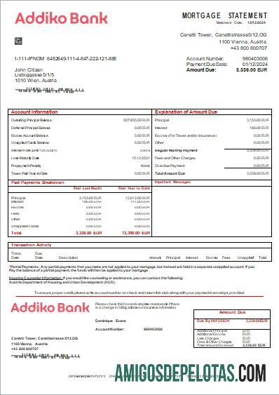 Declaração de hipoteca do Austria Addiko Bank Scr exemplo